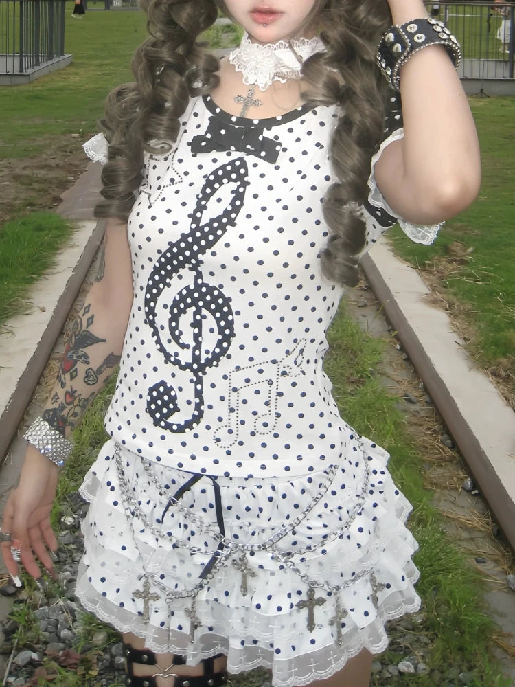 Japanese Subculture Cute Polka Dot Tops Women Design Music Symbol Printing Short Sleeve T-shirt New Retro Spice Y2k Slim Outfits