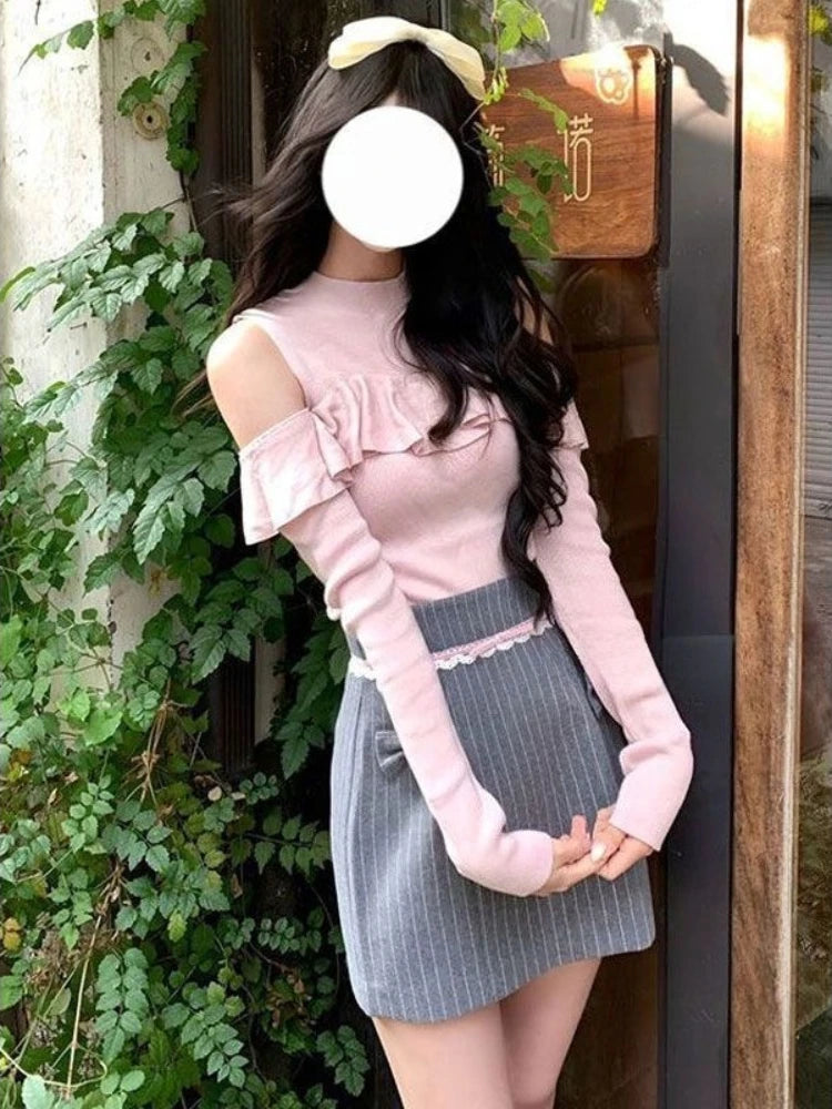 New Fashion Sweet Spicy Girl 2 Piece Set Women Off Shoulder Knit Top + Lace Striped Mini Skirt Slim Fit Ruffle Party Sexy Outfit