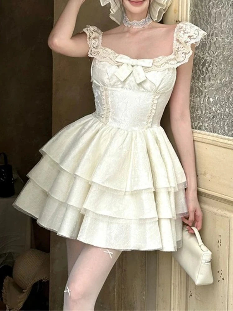 French Sweet Bow Lace Princess Dress Women Summer Fashion Slim Elegant Lovely Fluffy Dresses New Design Fit Chic Vintage Outfit